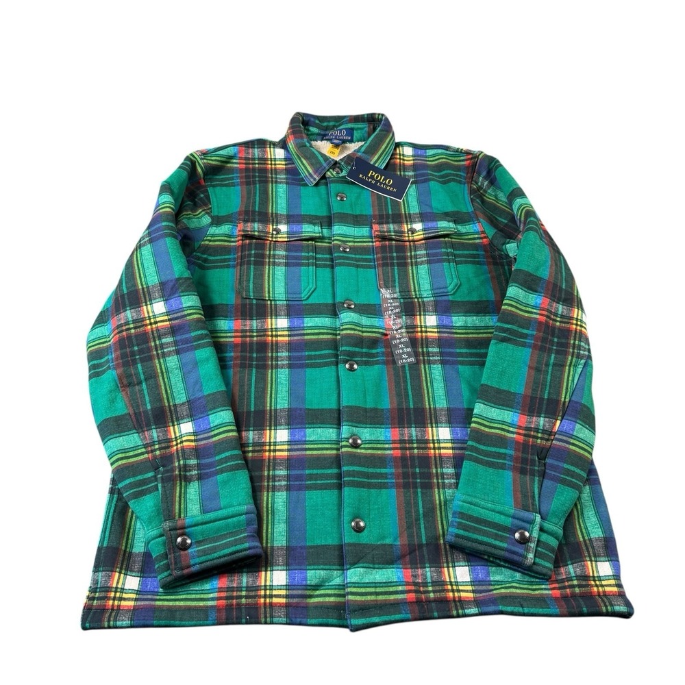 Polo Ralph Lauren Green Checked Metal Button Sherpa Lined‎ Shacket Boy L NWT